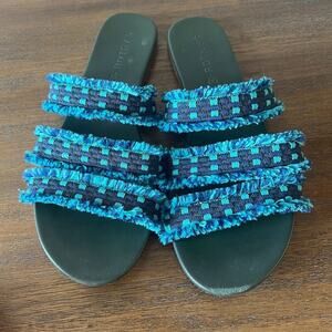 Rothy’s Woman’s Teal Blue Print Slip‎ On Fringe Triple Band Sandal- Size 8.5